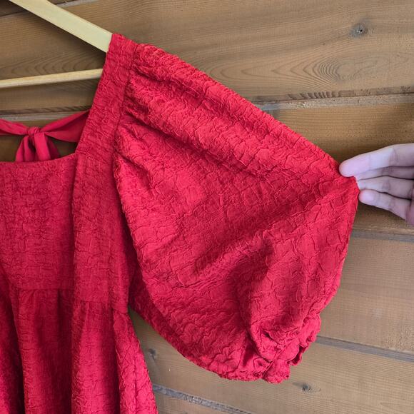 On You Red Puff Sleeve Mini Dress Square Neck Bow Back Medium Retro Pinup Cherry - Picture 5 of 5